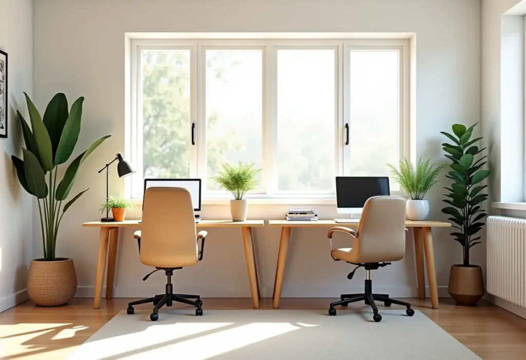 Home office compartilhado decorado com duas mesas e plantas