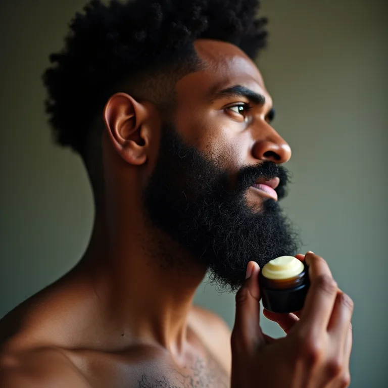 Homem aplicando balm para modelar a barba.