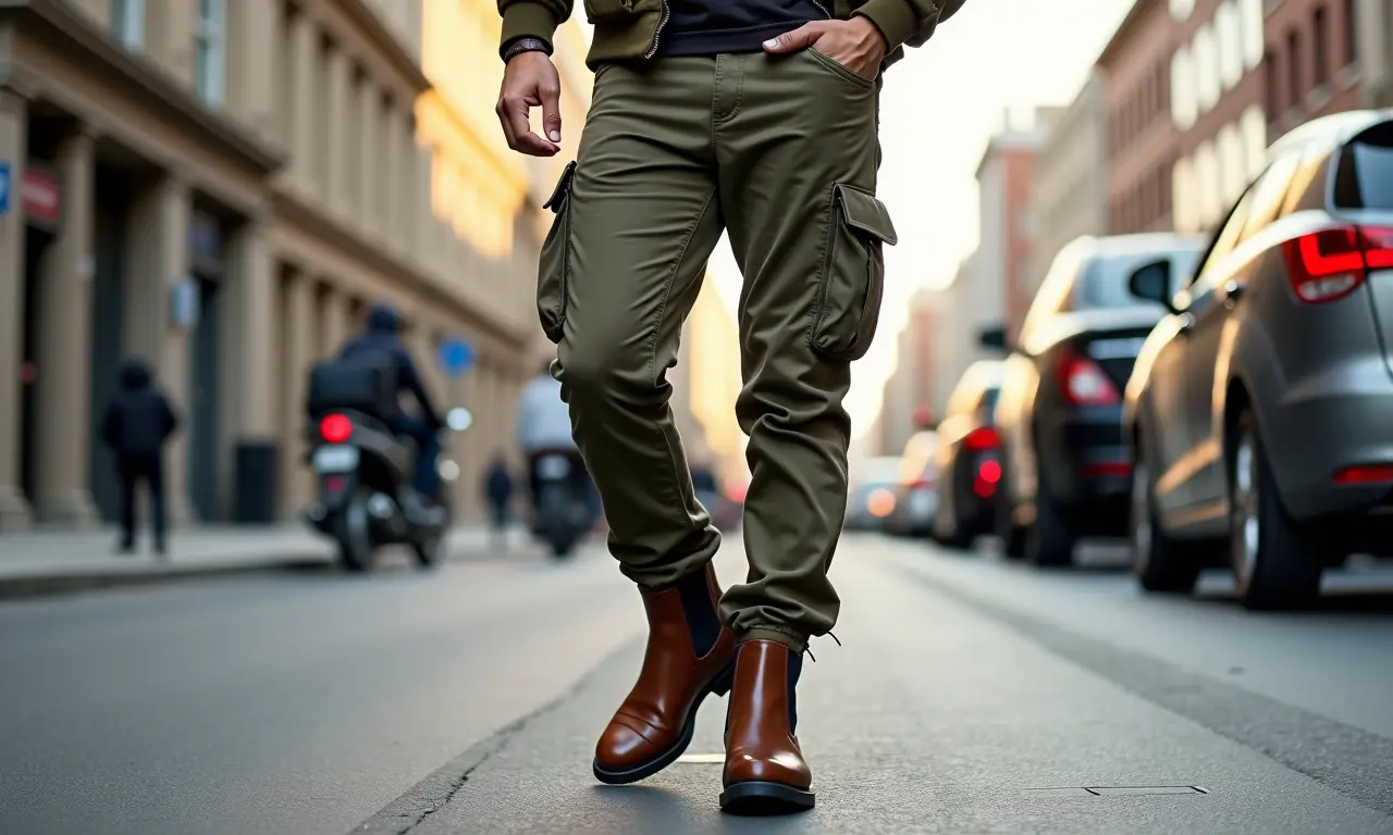 Homem aventureiro com calça cargo e bota Chelsea de couro marrom em ambiente urbano.