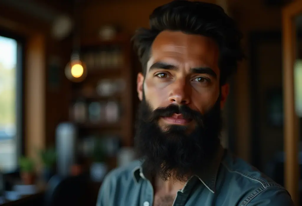 Homem barbudo com barba bem cuidada em ambiente de barbearia.
