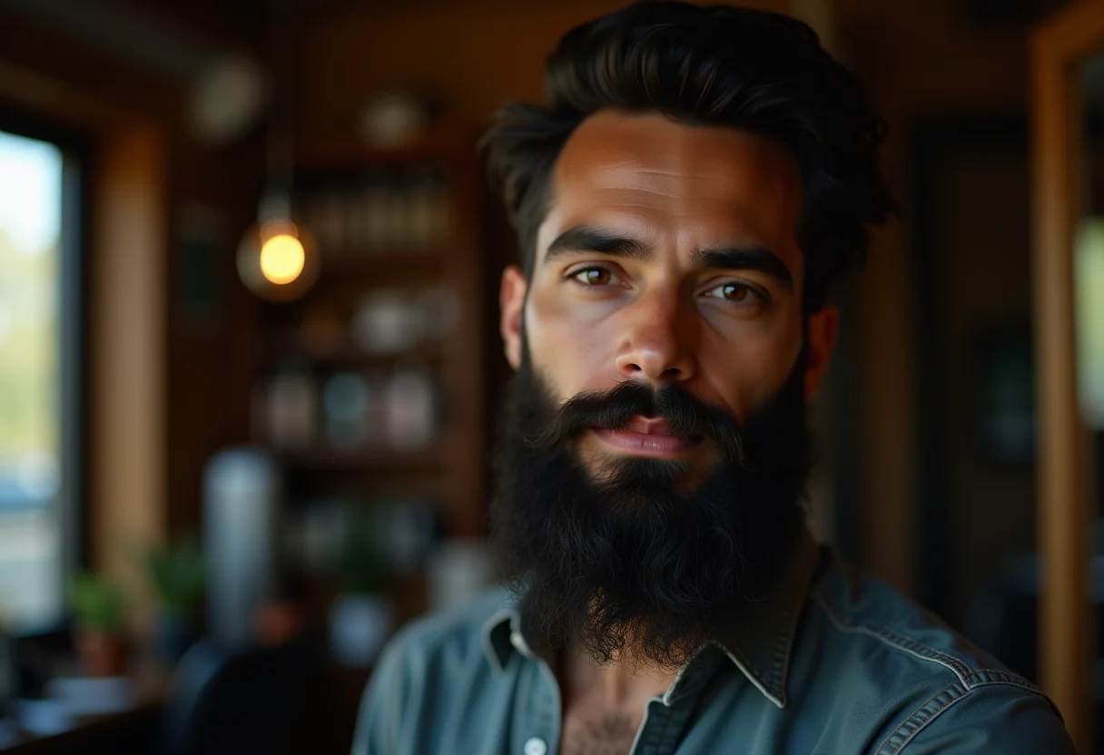 Homem barbudo com barba bem cuidada em ambiente de barbearia.
