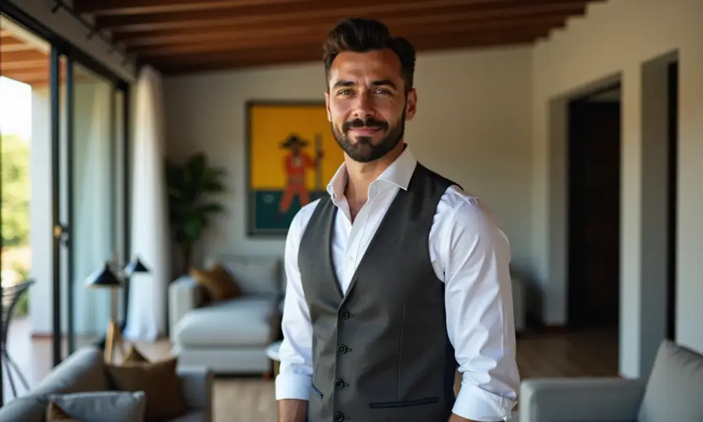 Homem brasileiro estiloso usando colete sob medida em apartamento moderno.