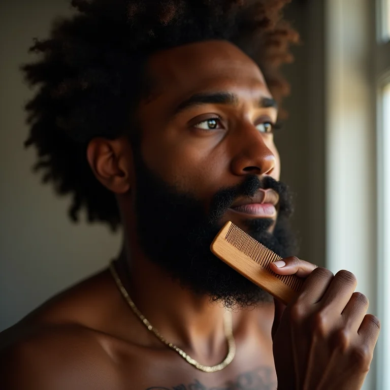 Homem com barba crespa penteando a barba.