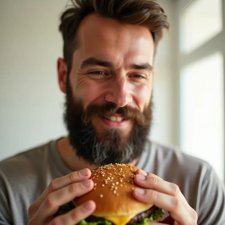 Homem com barba e pele sem viço comendo hamburguer