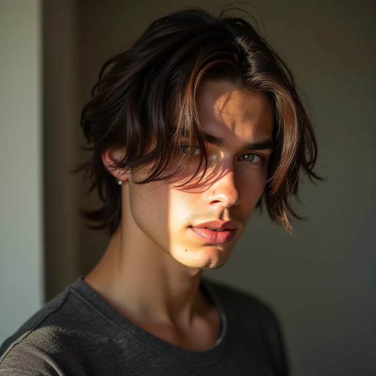 Homem com cabelo liso explorando diferentes possibilidades de corte.