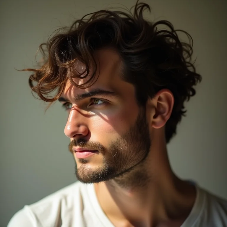 Homem com cabelo ondulado exibindo movimento e leveza no corte.