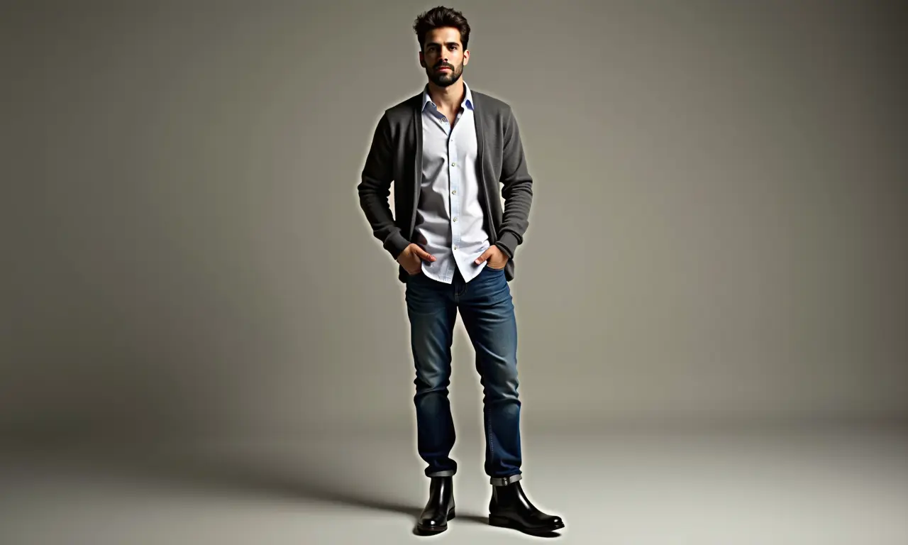 Homem com camisa, cardigã e jeans usando bota Chelsea preta.