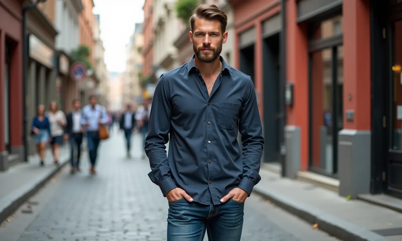 Homem com camiseta de manga longa, jeans e bota Chelsea de couro.