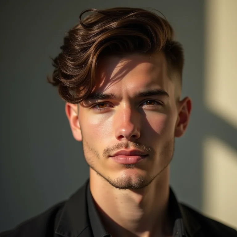 Homem com rosto redondo usando corte que alonga os traços.