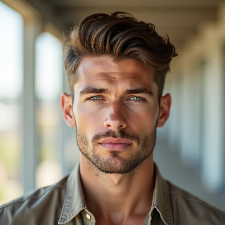 Homem com rosto triangular ostentando corte equilibrado