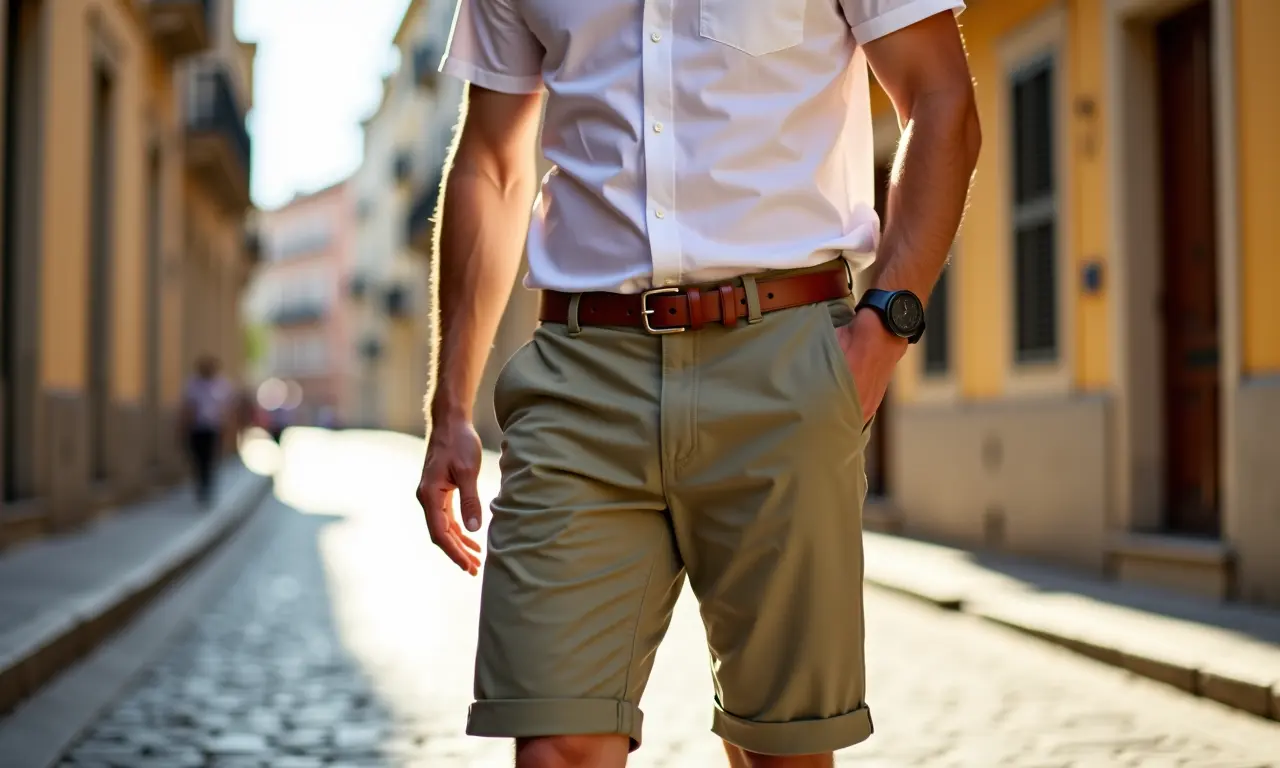Homem com shorts de sarja cáqui, camisa branca e cinto de couro caminhando em rua de paralelepípedos.