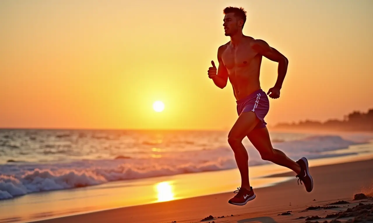 Homem com shorts esportivos correndo na praia ao pôr do sol.