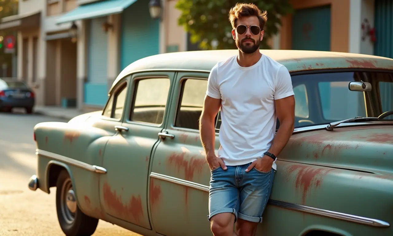 Homem com shorts jeans e camiseta casual encostado em carro antigo em cenário urbano brasileiro.