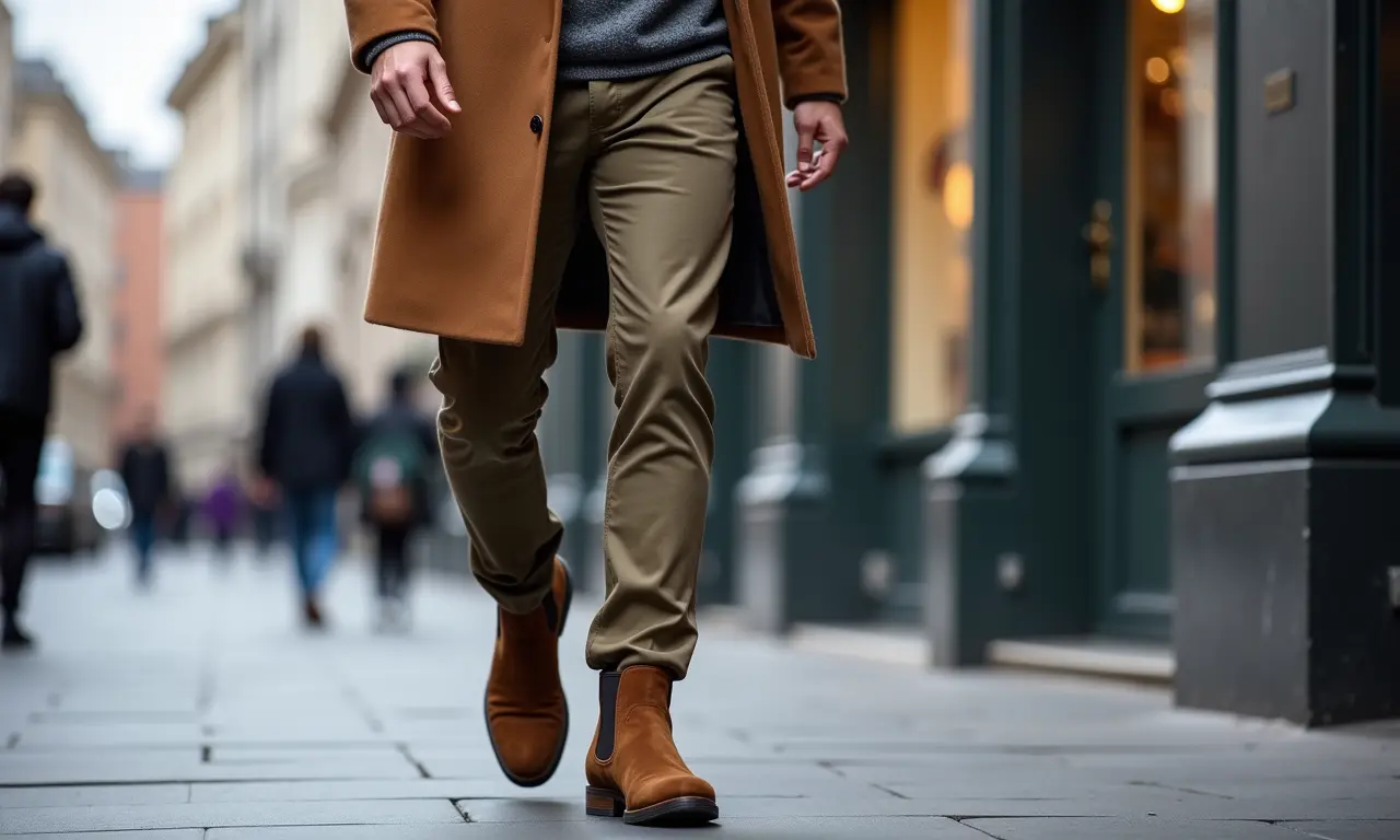 Homem com sobretudo e calça chino usando bota Chelsea de camurça.