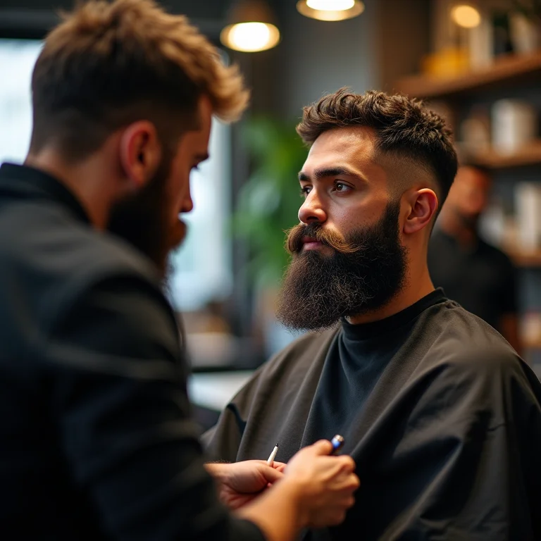 Homem consultando um barbeiro profissional.