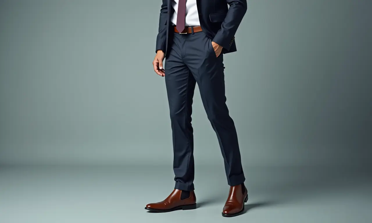 Homem de blazer e calça social com bota Chelsea marrom em ambiente de trabalho.