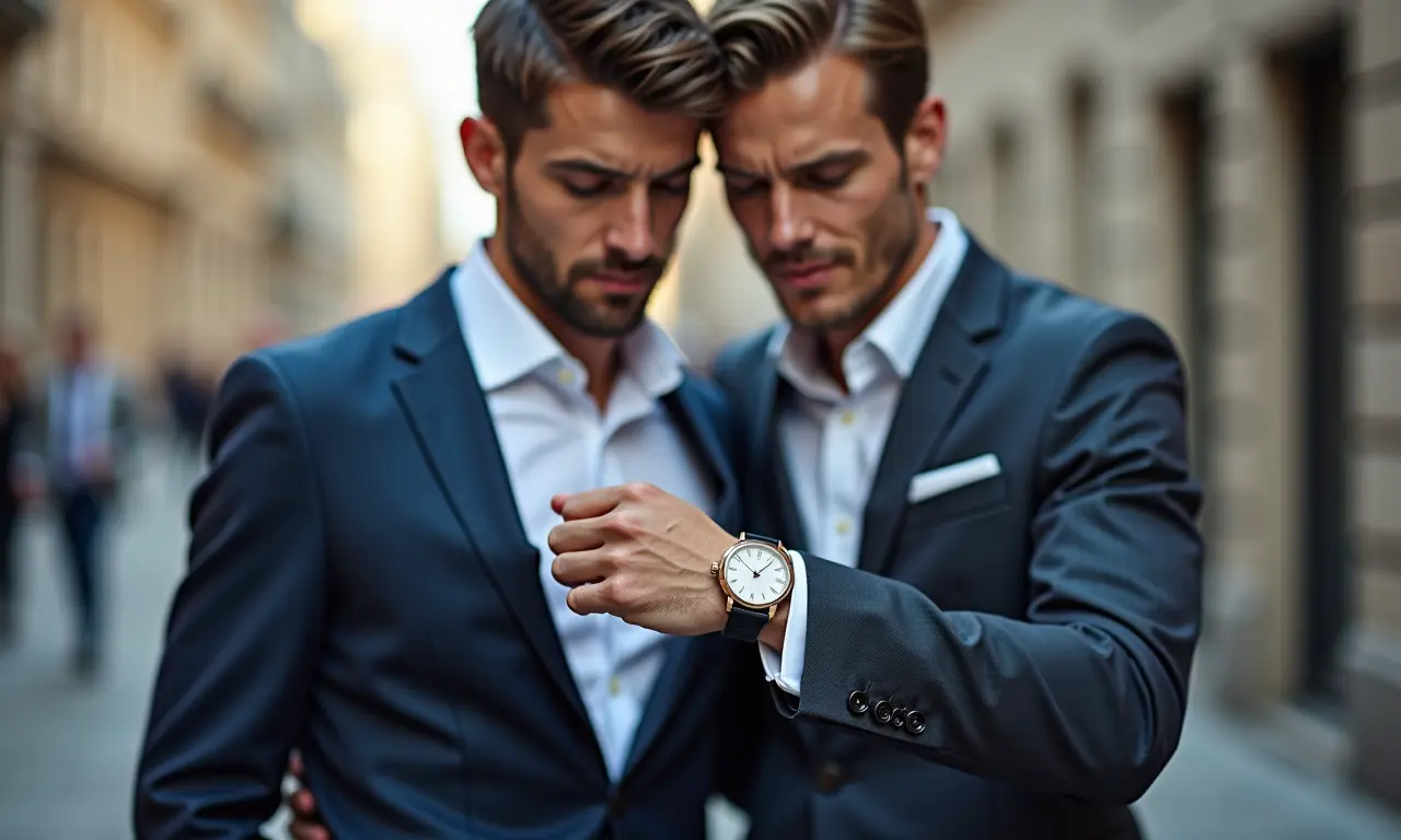 Homem de terno olhando relógio de luxo.