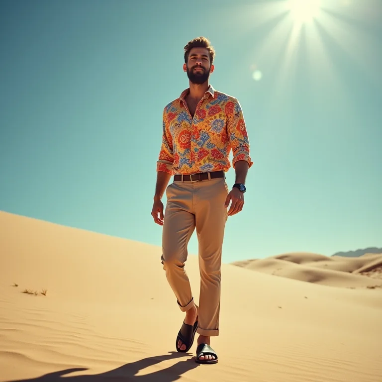 Homem despojado usando calça de alfaiataria com camisa estampada e sandália.