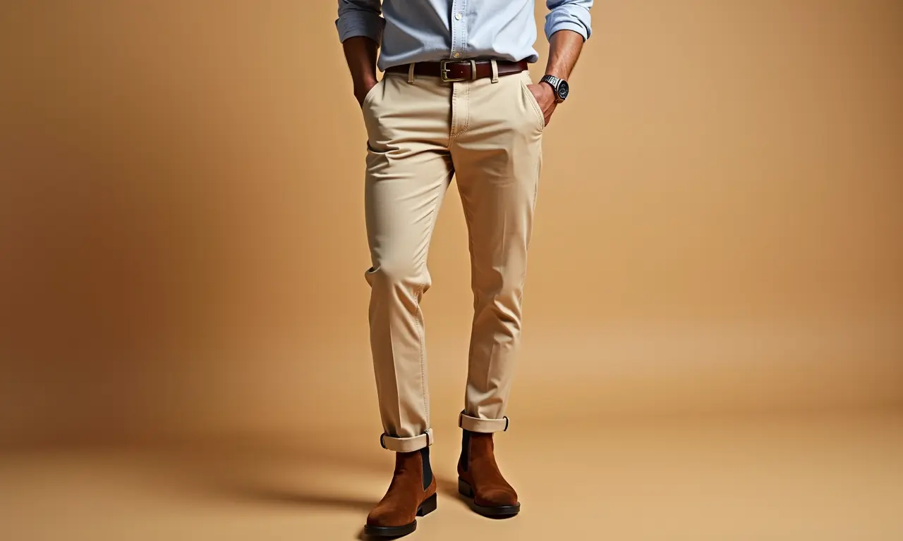 Homem elegante com calça de sarja bege e bota Chelsea de camurça.
