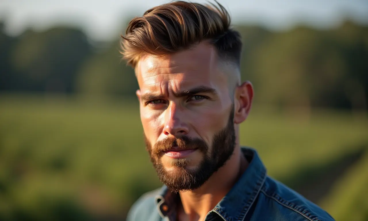 Homem elegante com corte de cabelo moderno e barba bem cuidada.