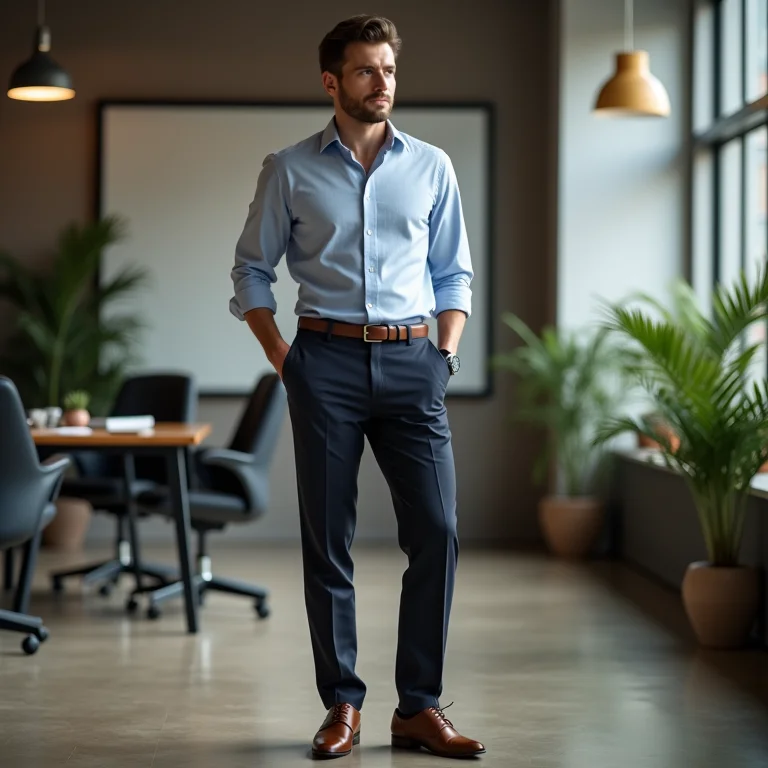 Homem elegante usando calça de alfaiataria com camisa e sapato social.