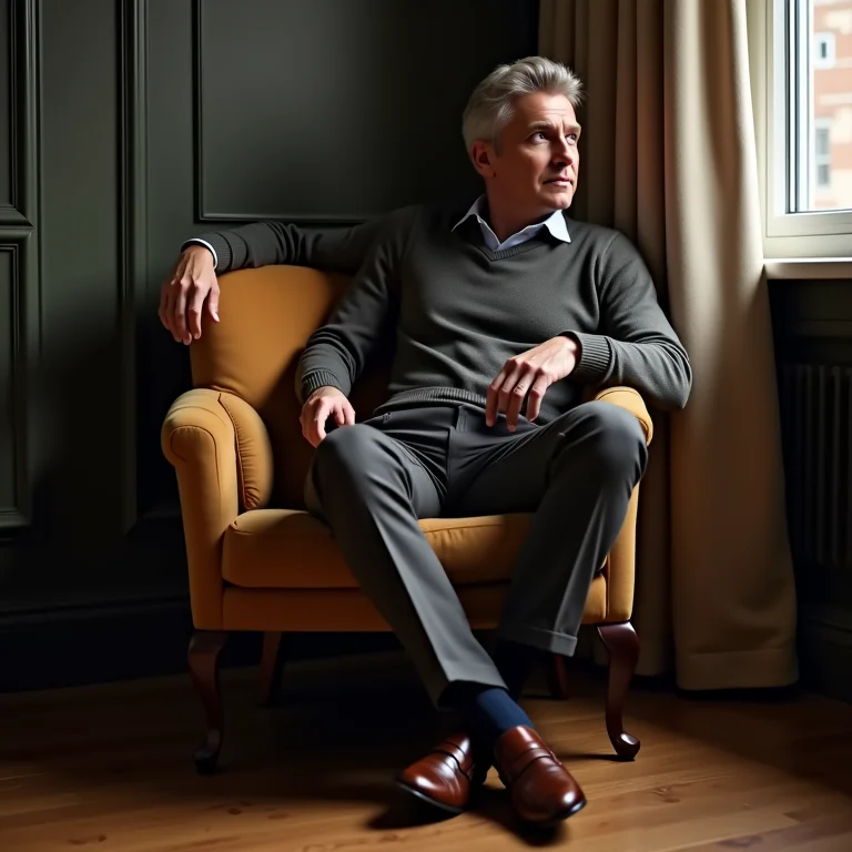 Homem elegante usando calça de alfaiataria com suéter de cashmere e mocassim.