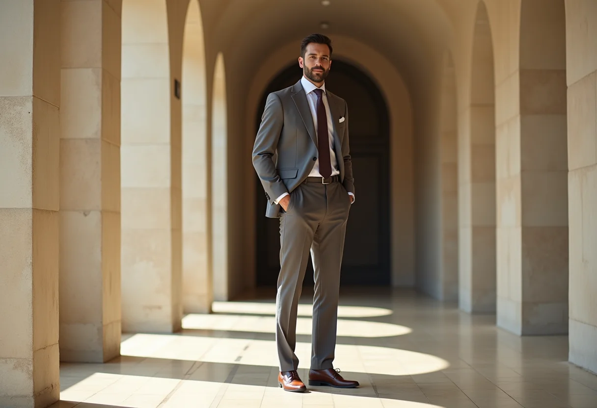Homem elegante vestindo calça de alfaiataria em cenário urbano moderno