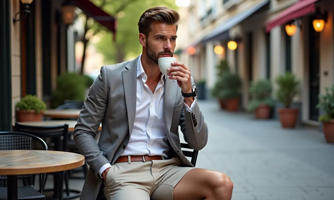 Homem em café ao ar livre usando shorts de alfaiataria e blazer de linho.