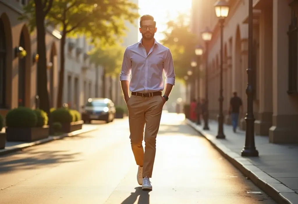 Calça chino masculina: 5 looks estilosos (e fáceis) para você Homem estiloso caminhando na cidade com calça chino