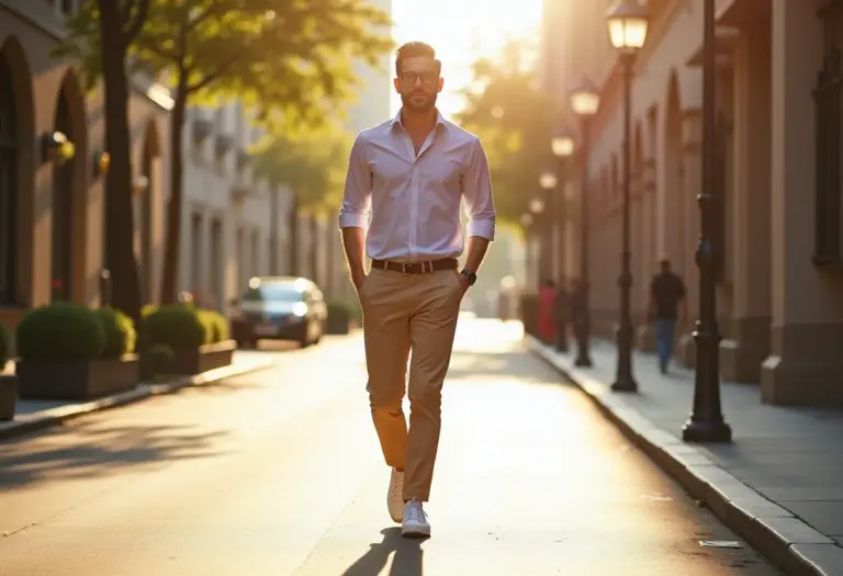Homem estiloso caminhando na cidade com calça chino