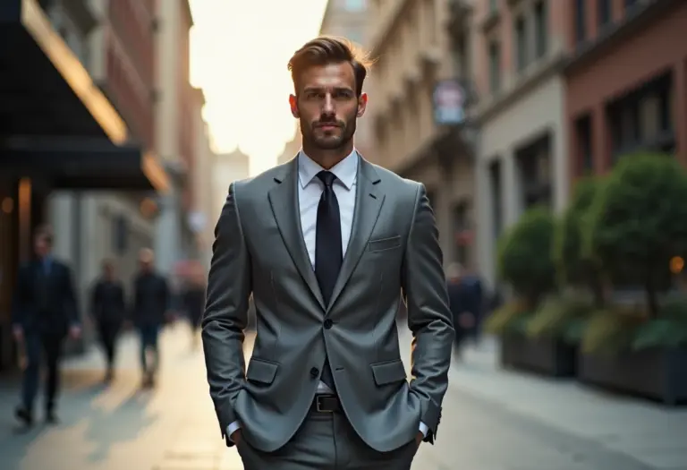 Homem estiloso caminhando na cidade com calça de alfaiataria.