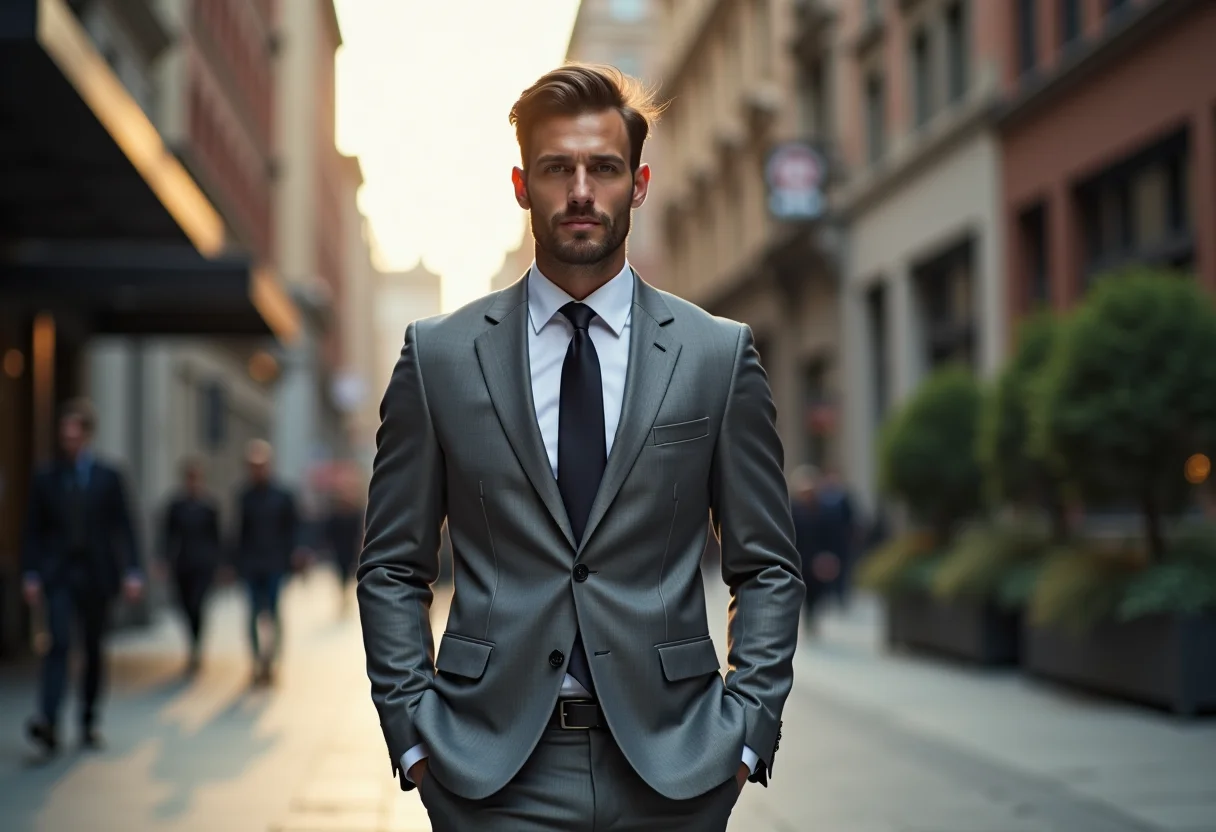 Homem estiloso caminhando na cidade com calça de alfaiataria.