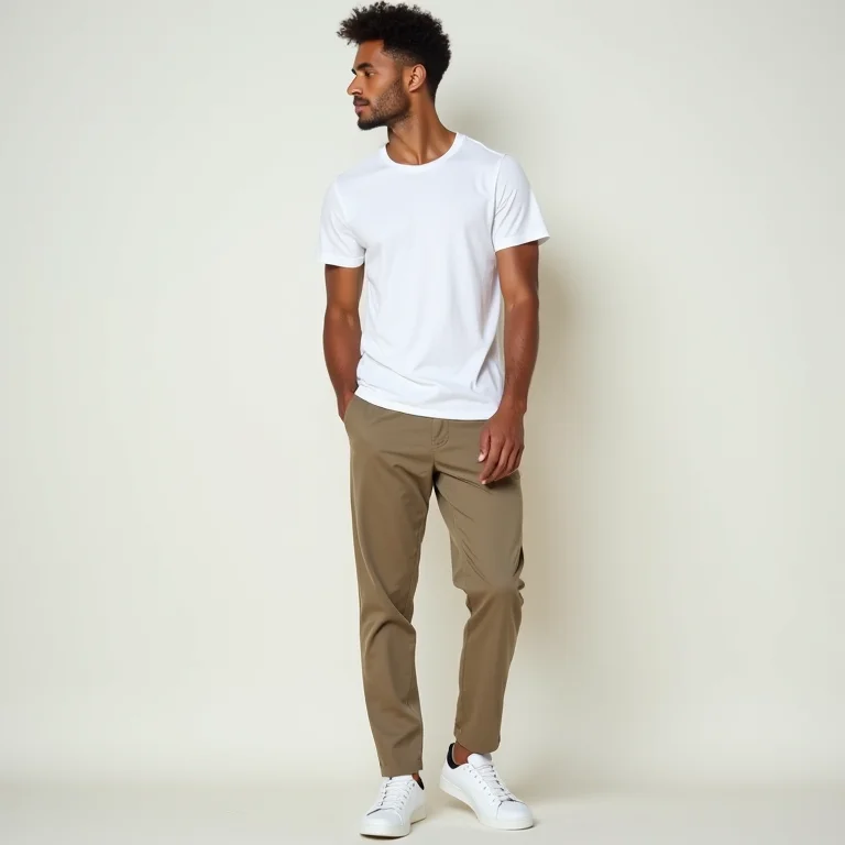 Homem estiloso usando calça de alfaiataria com camiseta e tênis.