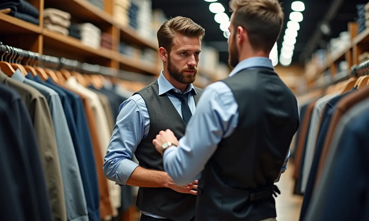 Homem experimentando colete: escolhendo o tamanho certo.