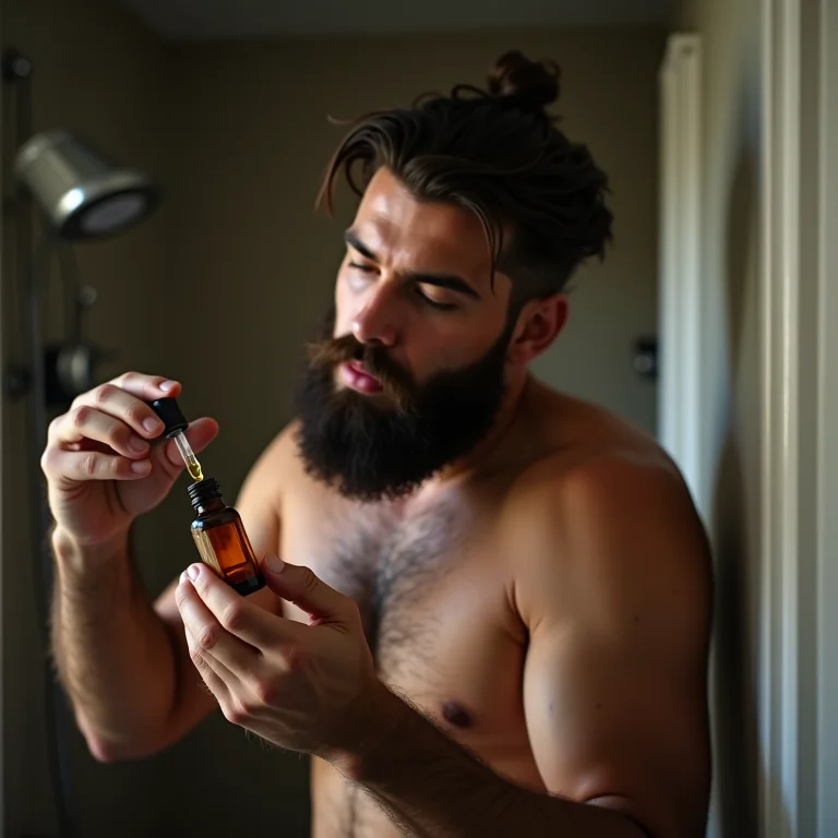 Homem hidratando a barba com óleo.