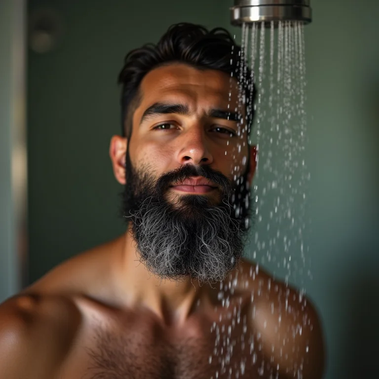 Homem lavando a barba no chuveiro