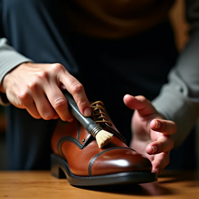Homem limpando detalhes de um sapato de couro