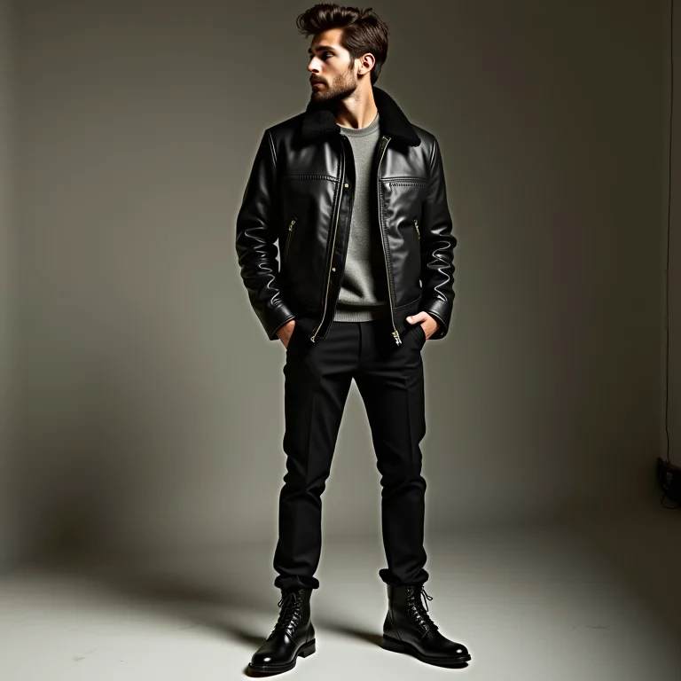 Homem moderno usando calça de alfaiataria com jaqueta de couro e bota.