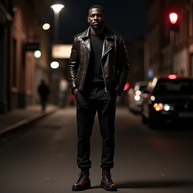 Homem negro vestindo calça de alfaiataria, jaqueta de couro e bota para um look noturno descolado