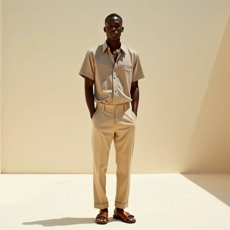 Homem pardo vestindo calça de alfaiataria, camisa estampada e sandália para um look fashionista