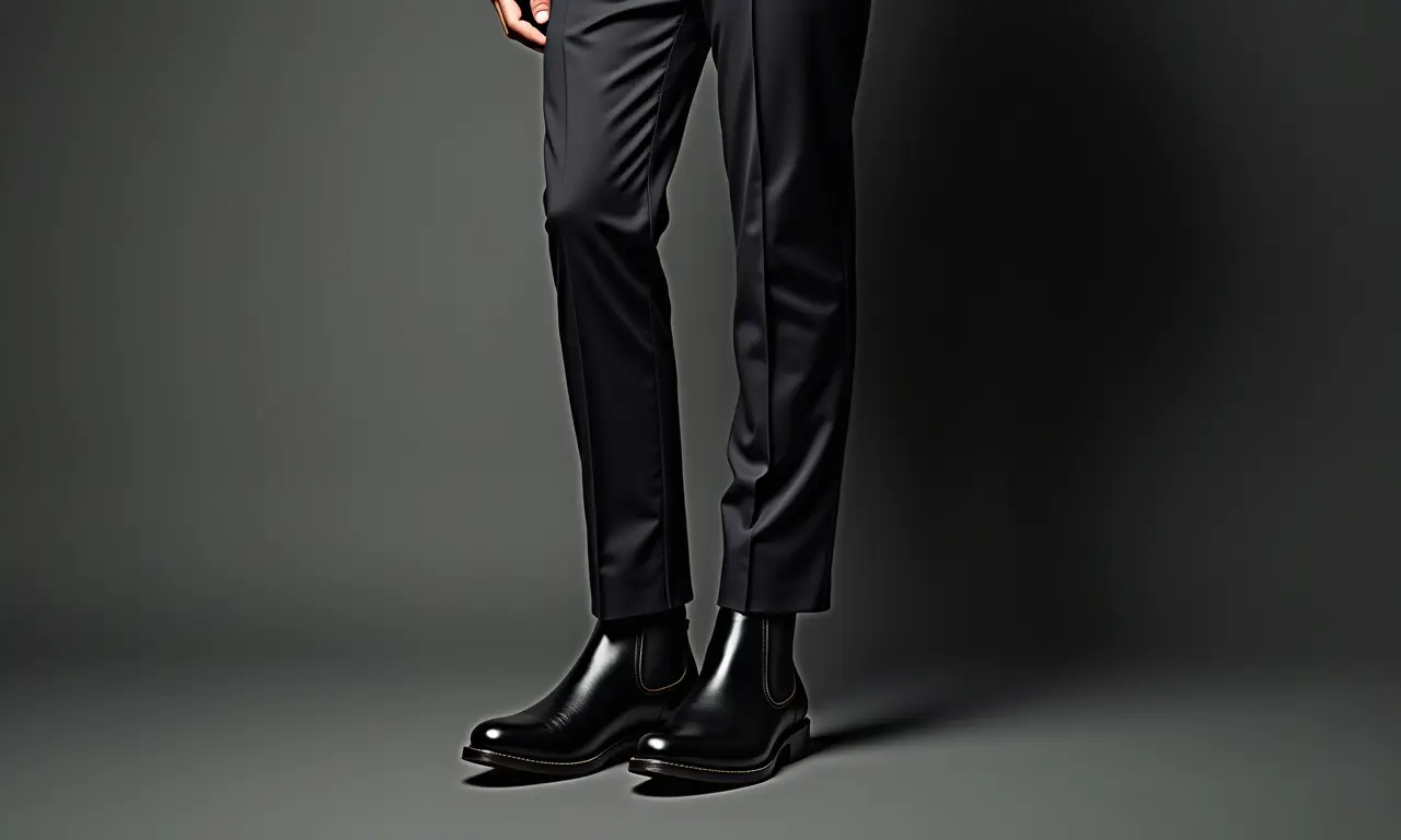 Homem sofisticado de terno e bota Chelsea preta.