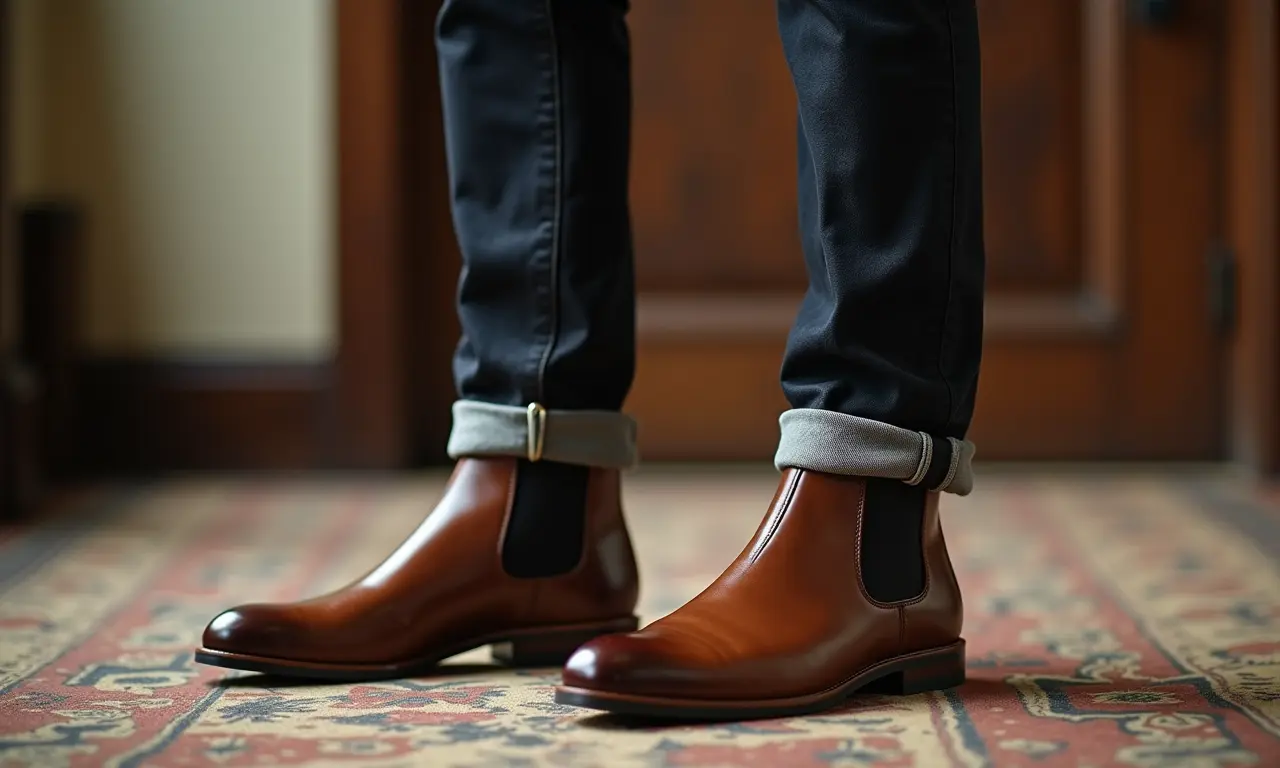 Homem usando bota Chelsea da Mr. Cat em um ambiente clássico.