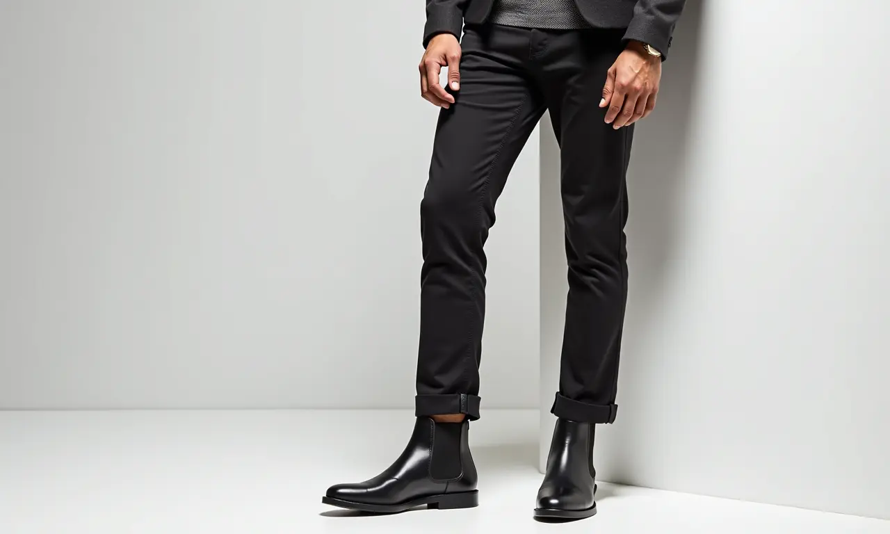 Homem usando bota Chelsea da Osklen com roupa moderna em fundo clean.