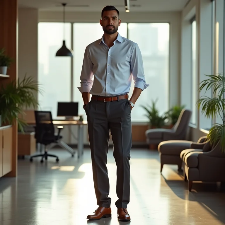 Homem vestindo calça de alfaiataria, camisa e sapato casual em ambiente de escritório