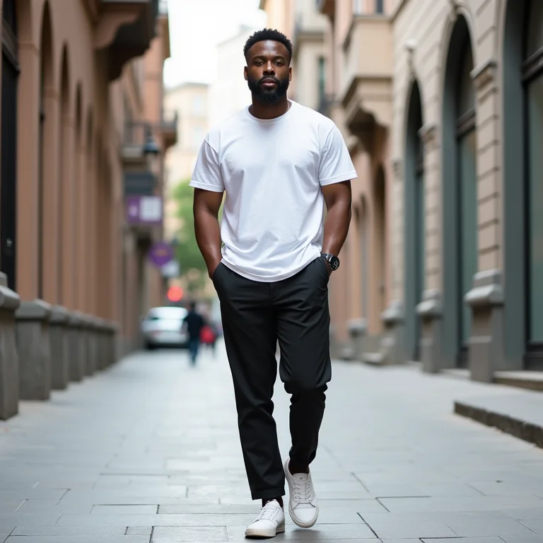 Homem vestindo calça de alfaiataria, camiseta e tênis para um look casual chic