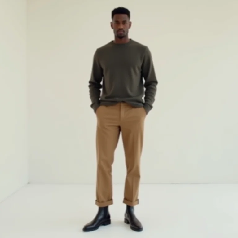Homem vestindo calça de alfaiataria, tricô minimalista e bota Chelsea para um look minimalista