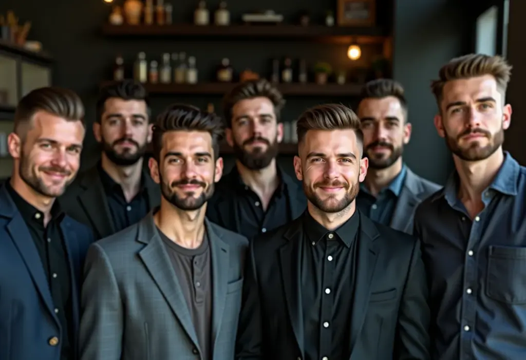 Homens com diferentes cortes de cabelo em barbearia moderna