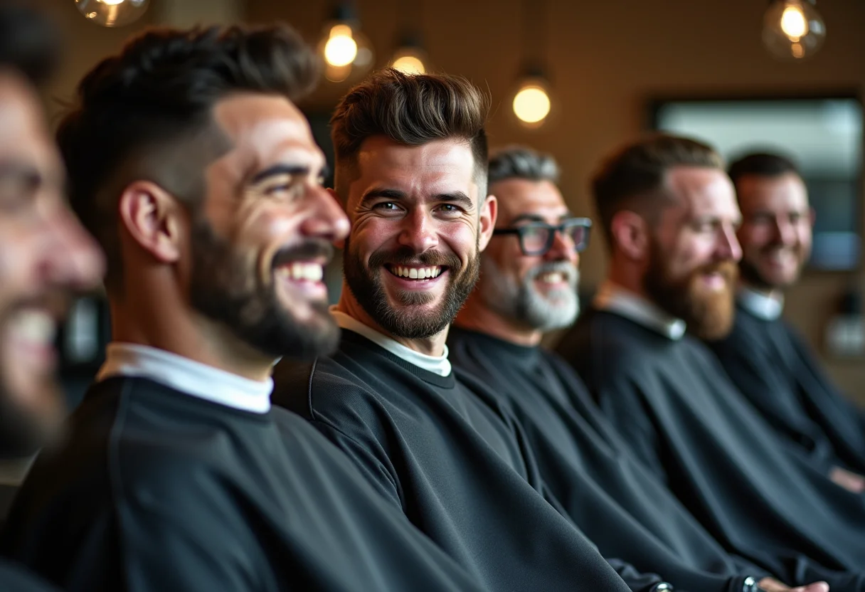 Homens com diferentes cortes de cabelo em barbearia