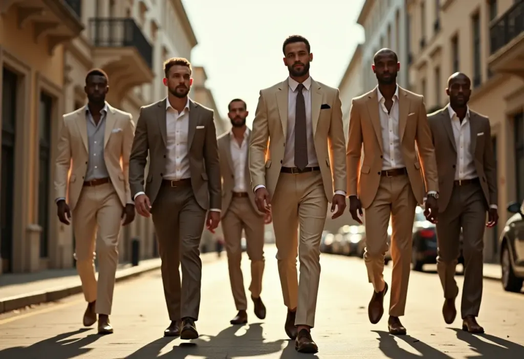 Homens estilosos usando calças de alfaiataria em ambiente urbano.