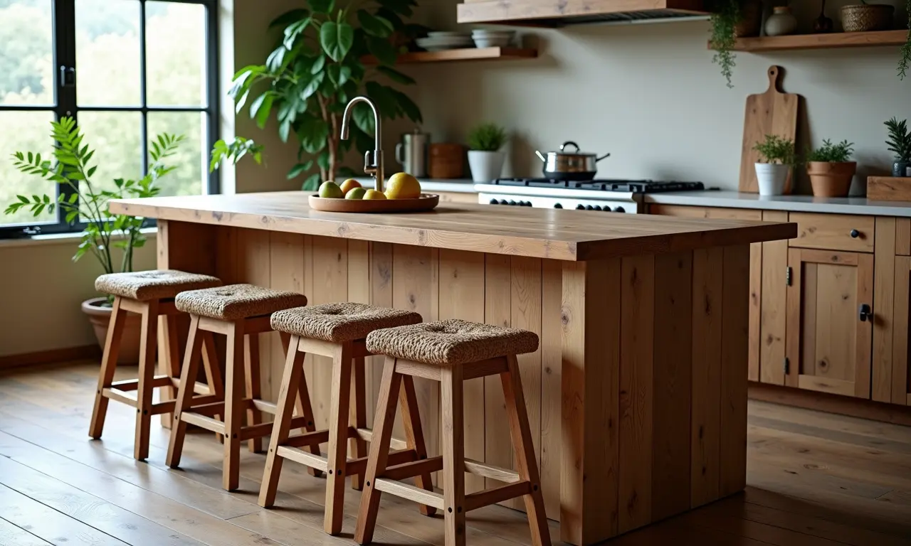 Ilha de cozinha rústica feita de madeira natural com bancos de palha.